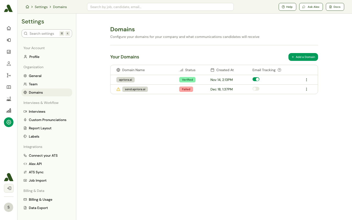 Domains settings