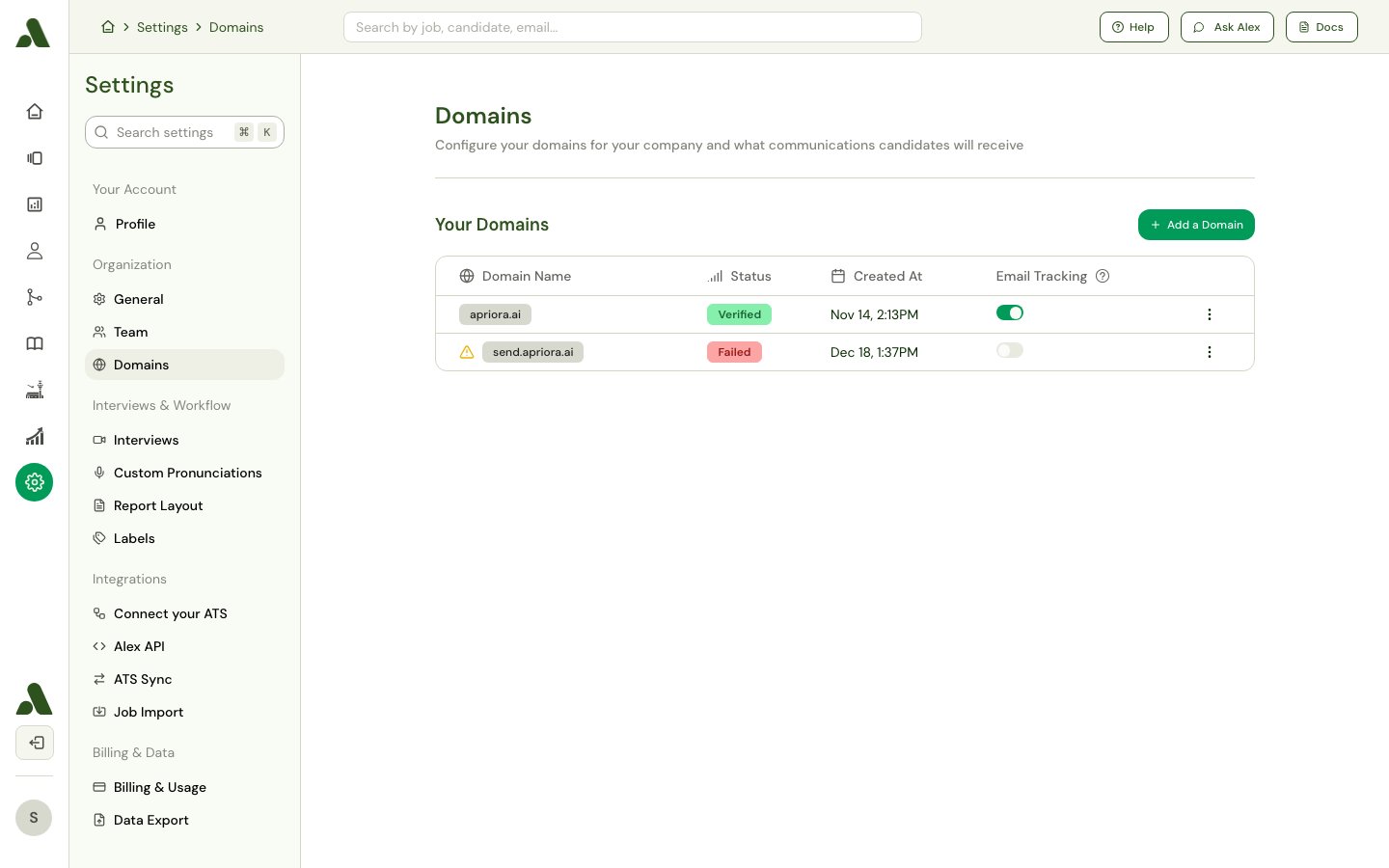 Domains settings