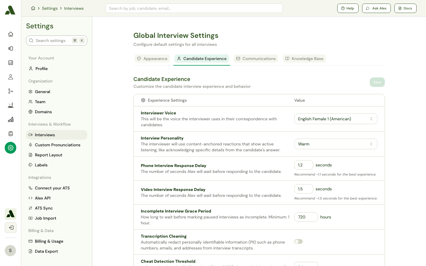 Candidate experience settings