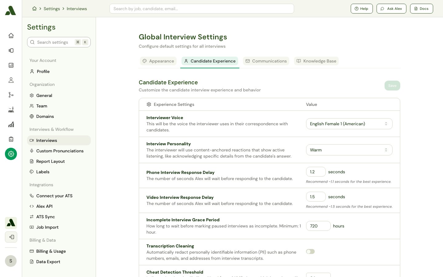 Candidate experience settings