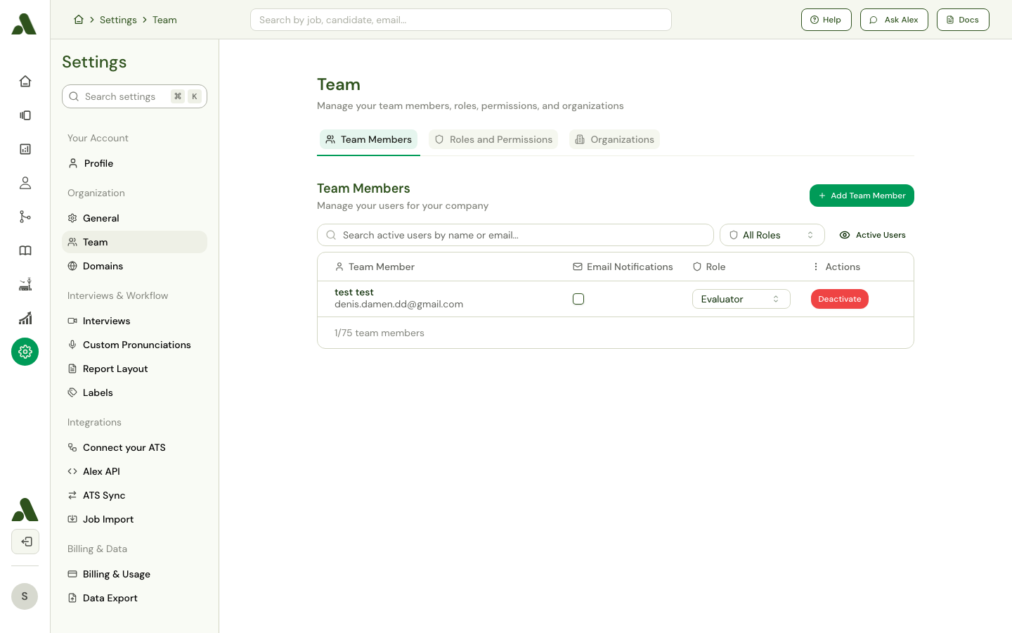 Team members settings