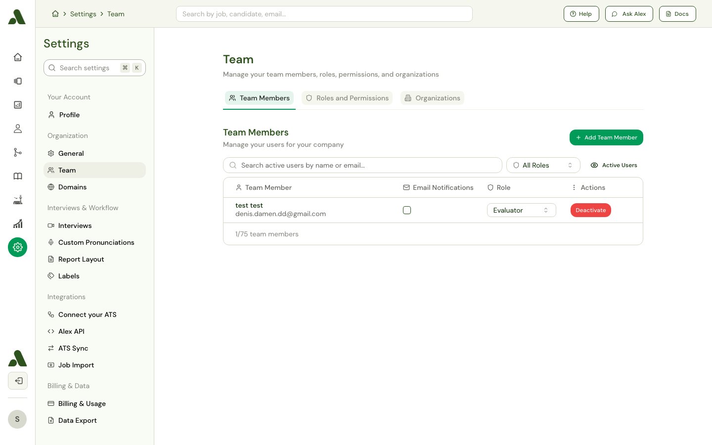 Team members settings