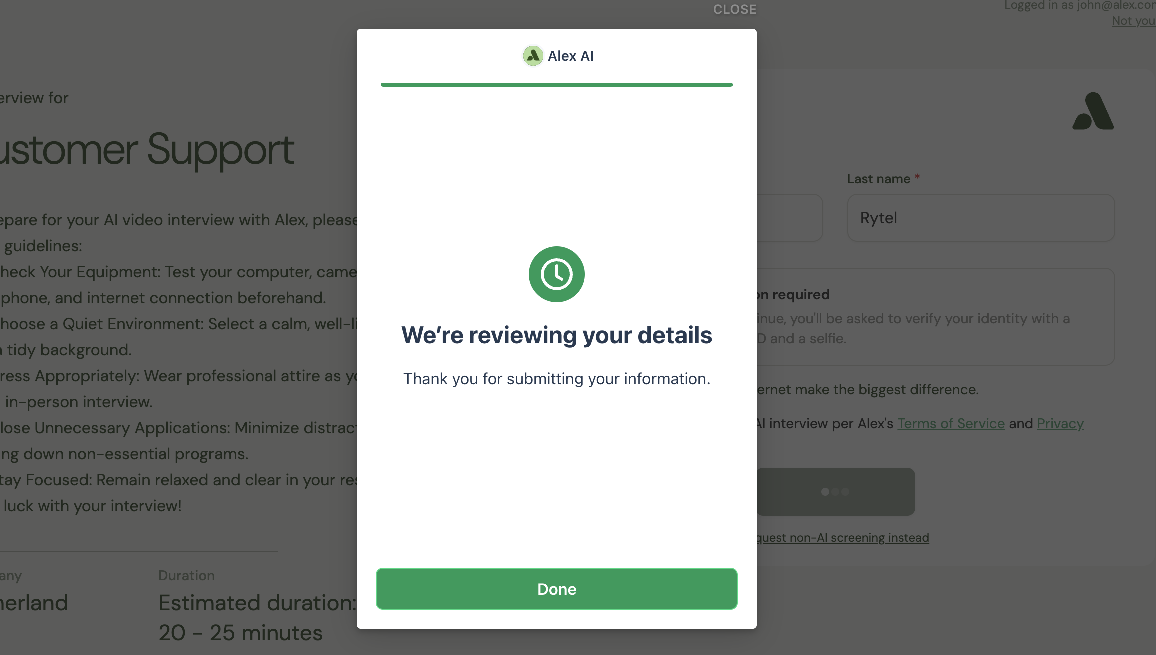 Laptop screen confirming the verification details are being reviewed, with a Done button
