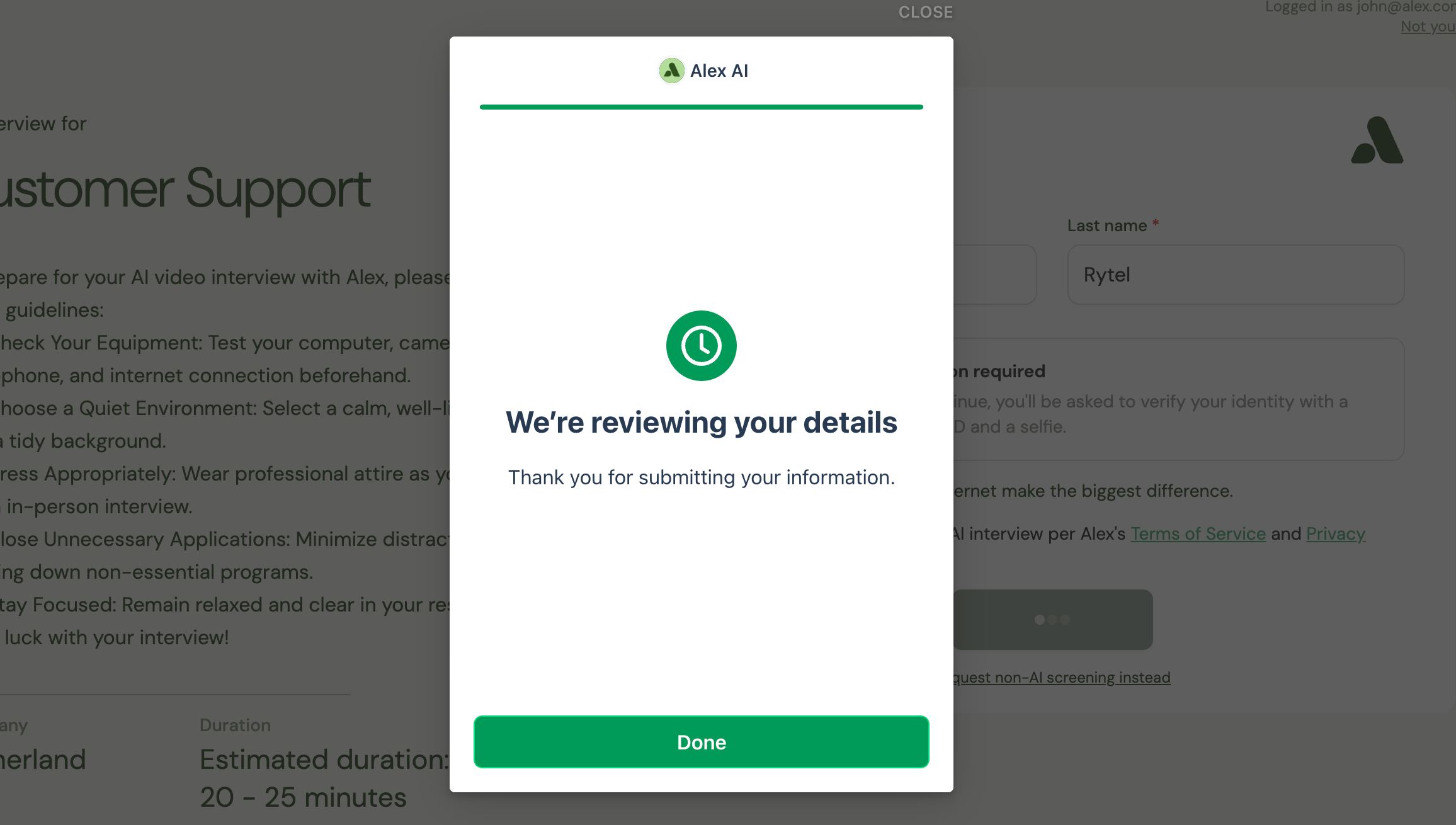 Laptop screen confirming the verification details are being reviewed, with a Done button