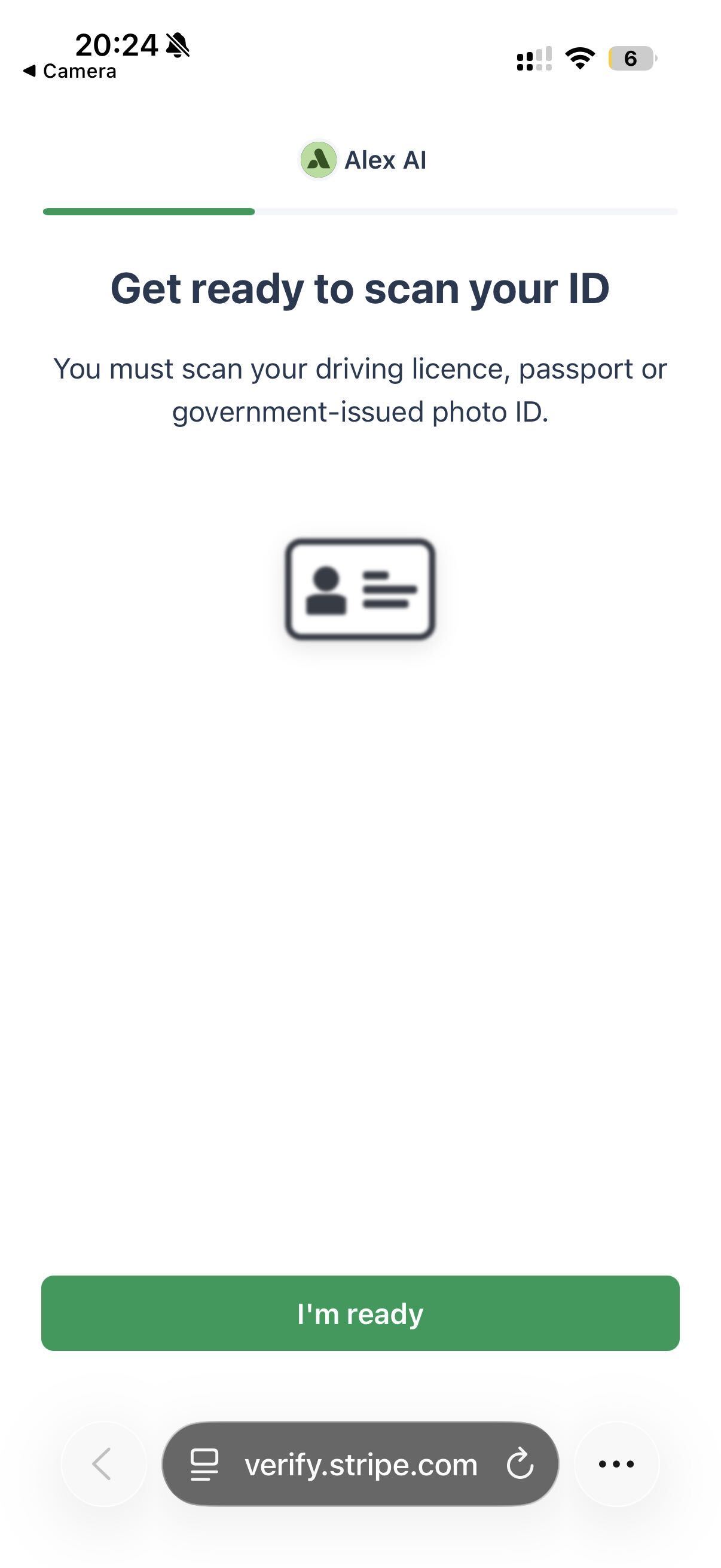 Phone screen asking the candidate to get ready to scan a driving licence, passport, or government-issued photo ID