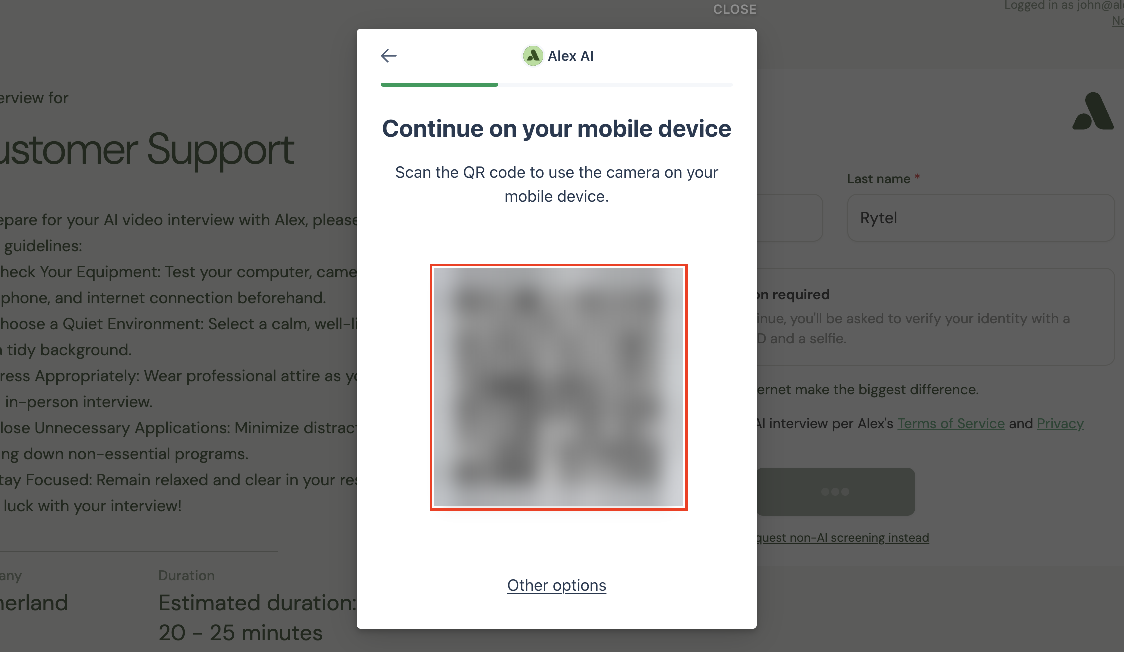 Stripe screen offering a QR code to continue verification on a mobile device