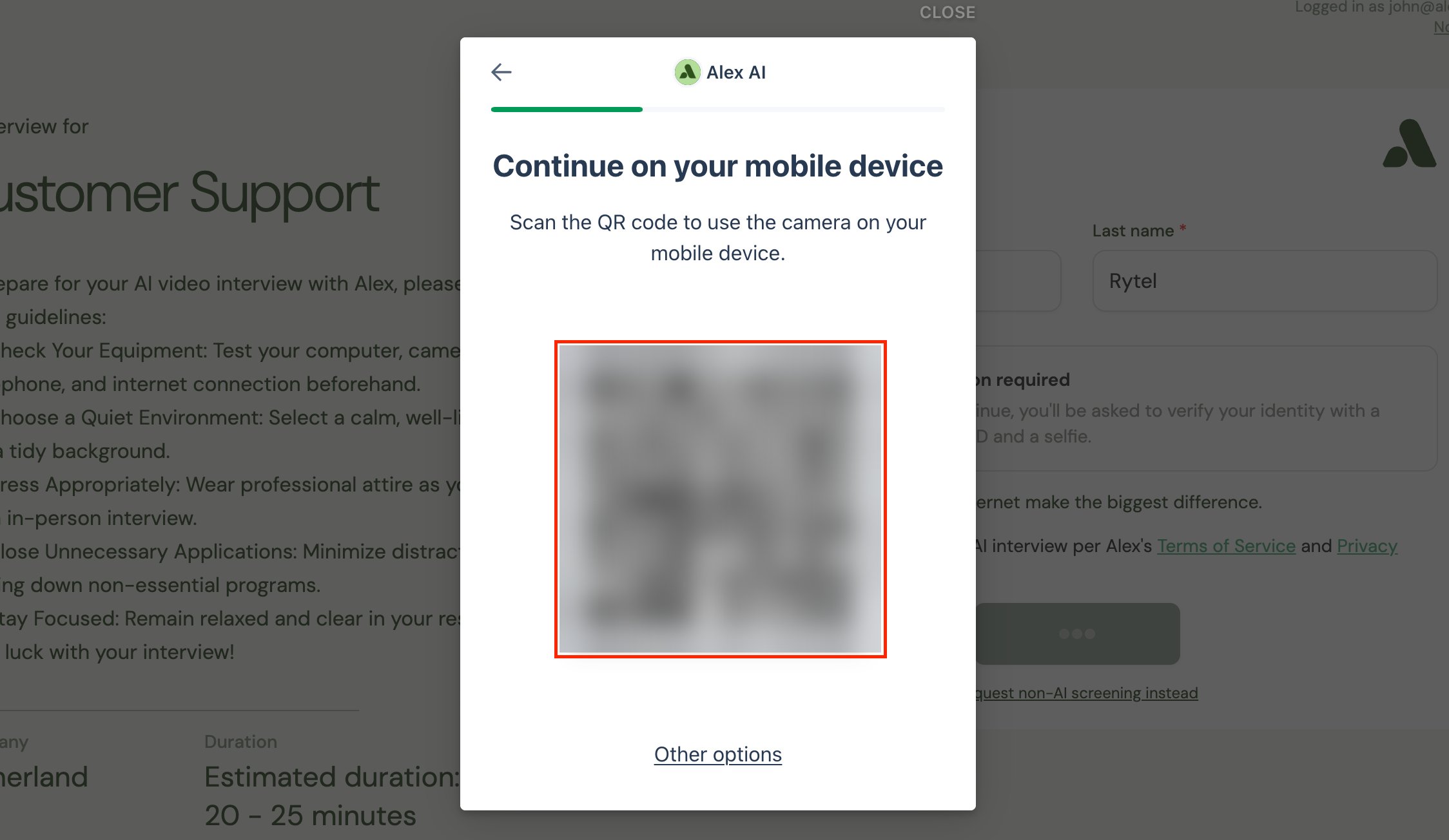Stripe screen offering a QR code to continue verification on a mobile device