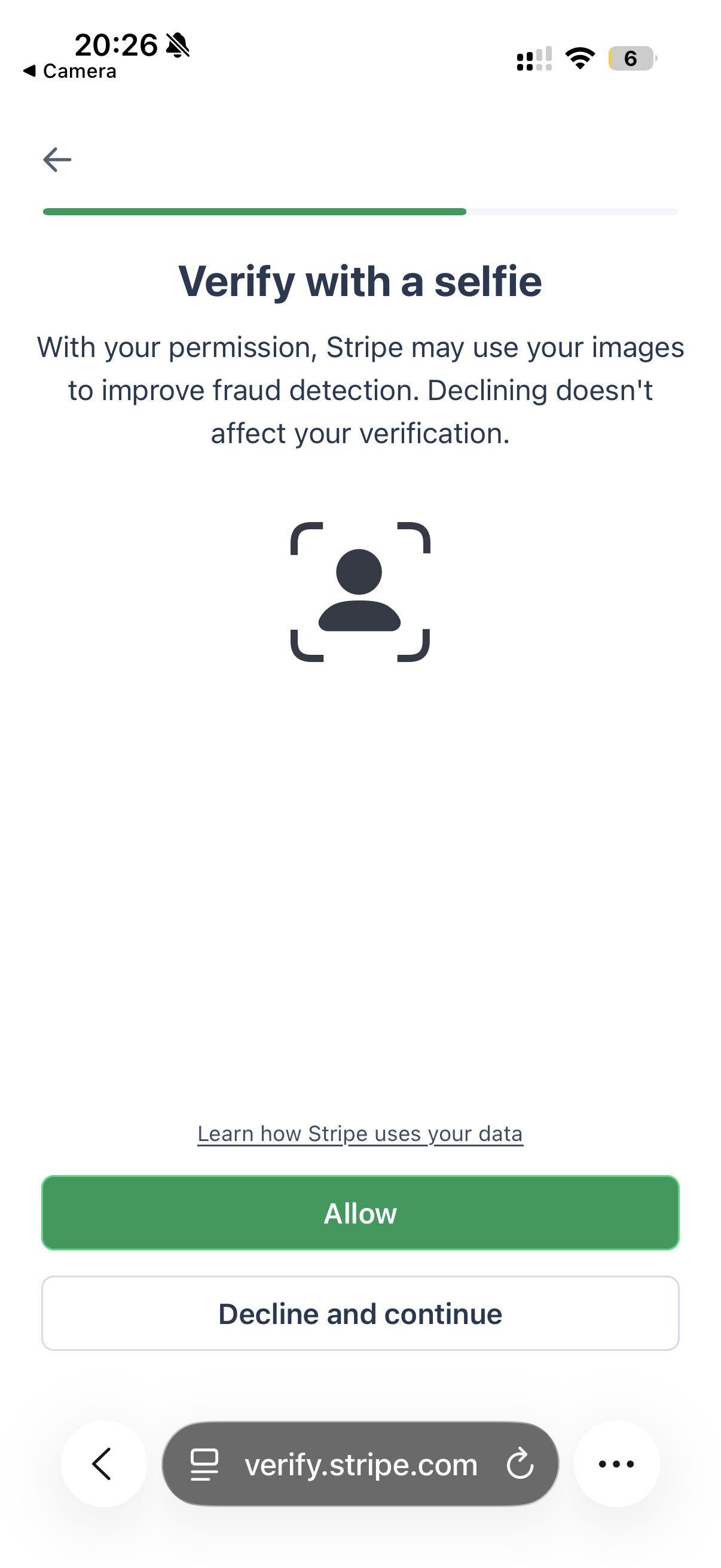 Phone screen asking permission before the selfie step, with Allow and Decline and continue buttons