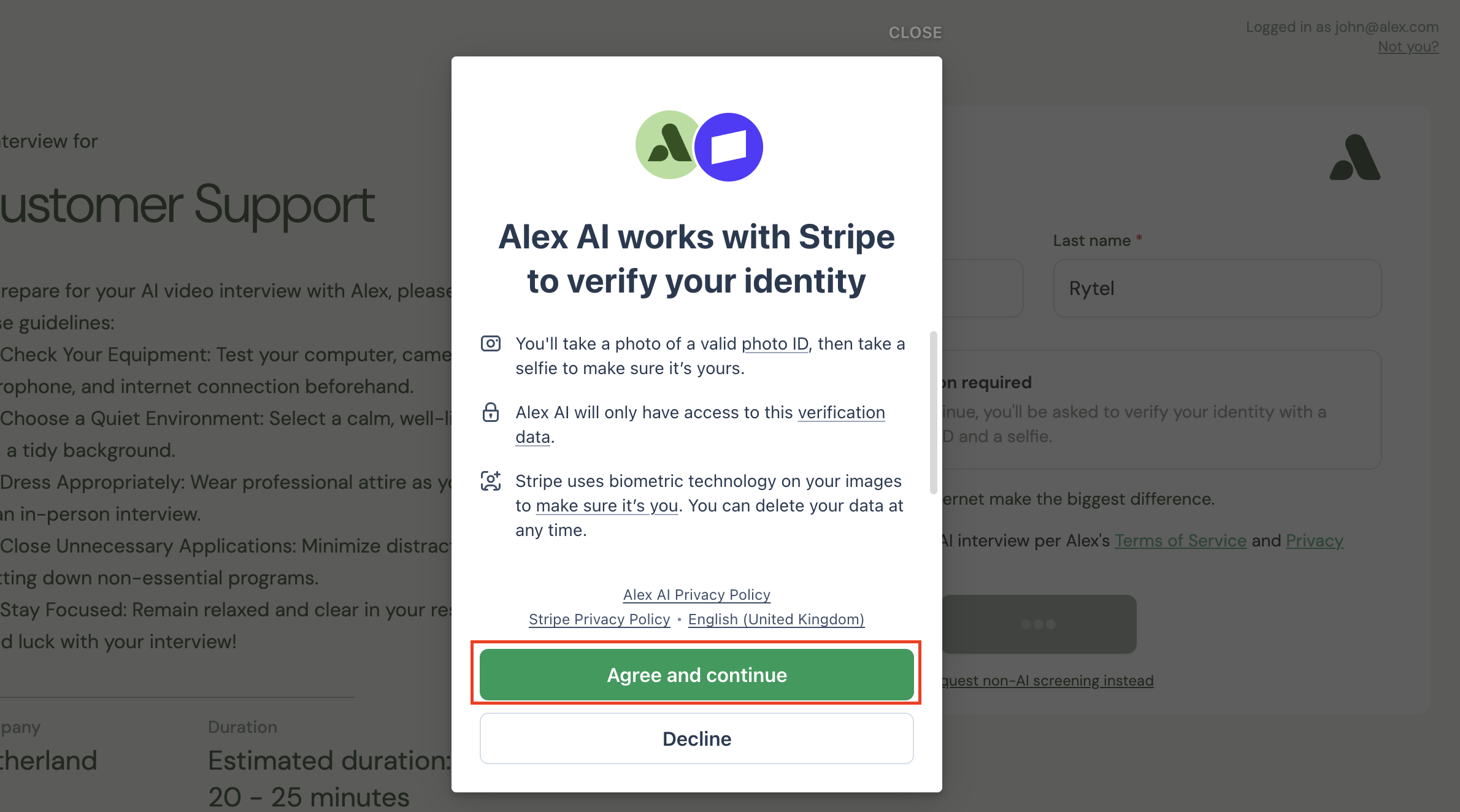 Stripe consent screen describing the photo ID and selfie check, with Agree and continue highlighted