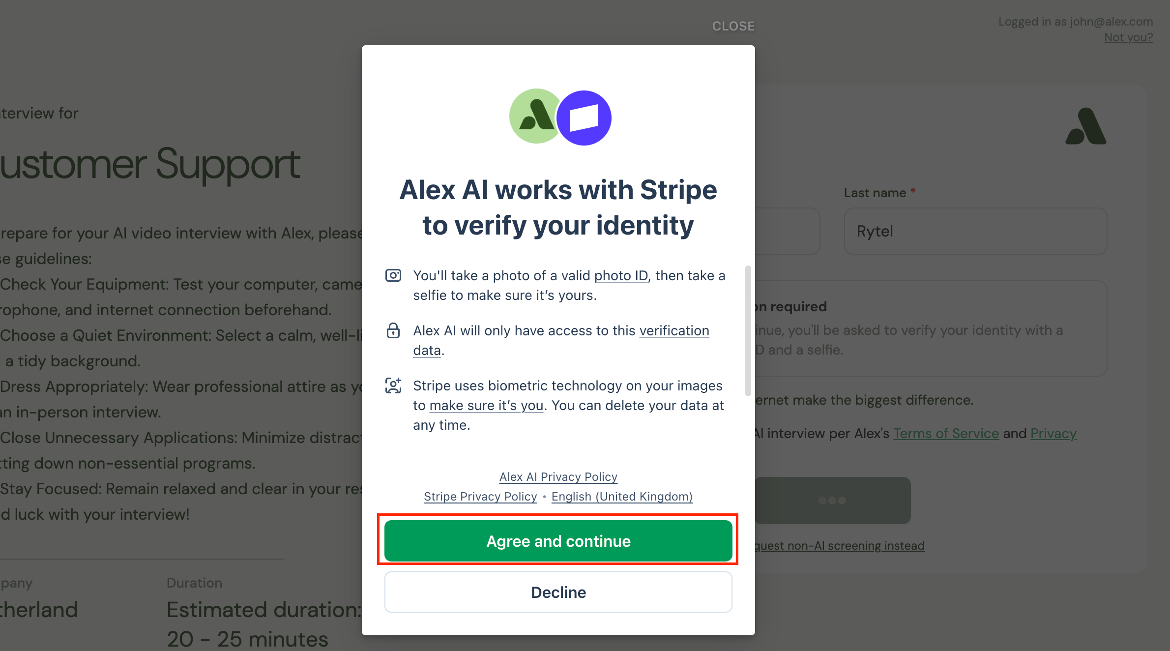 Stripe consent screen describing the photo ID and selfie check, with Agree and continue highlighted
