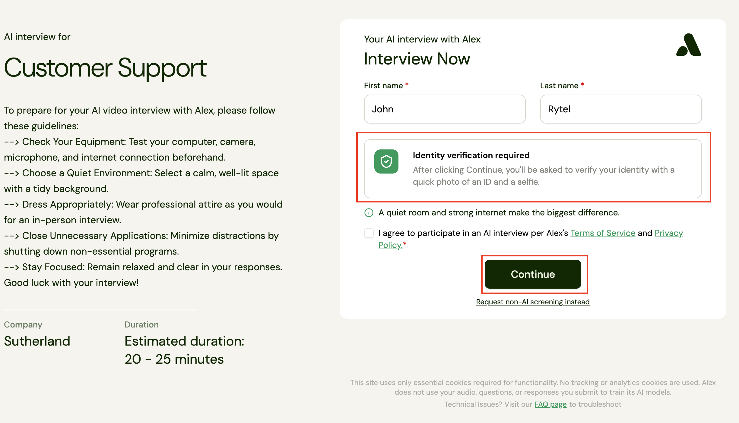 Interview welcome page showing an Identity verification required notice above the Continue button