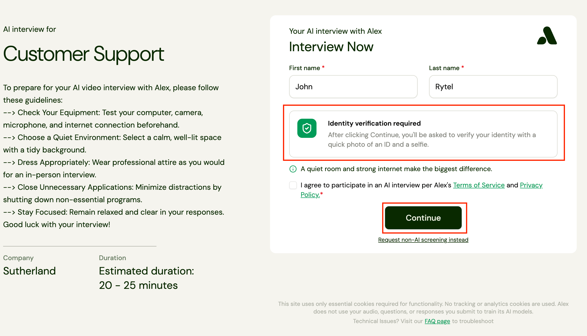 Interview welcome page showing an Identity verification required notice above the Continue button