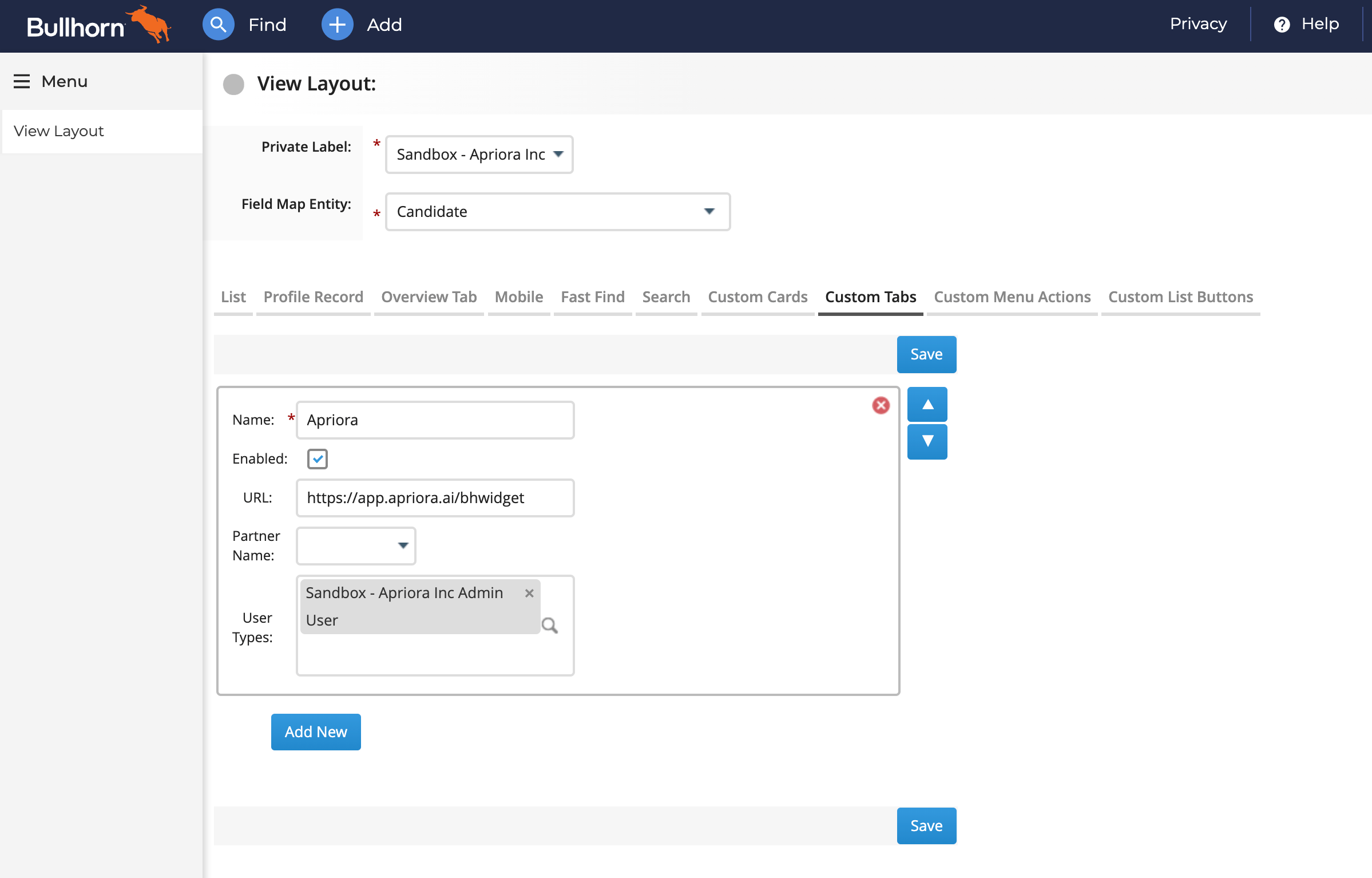 Bullhorn Candidate Entity Custom Tabs Settings