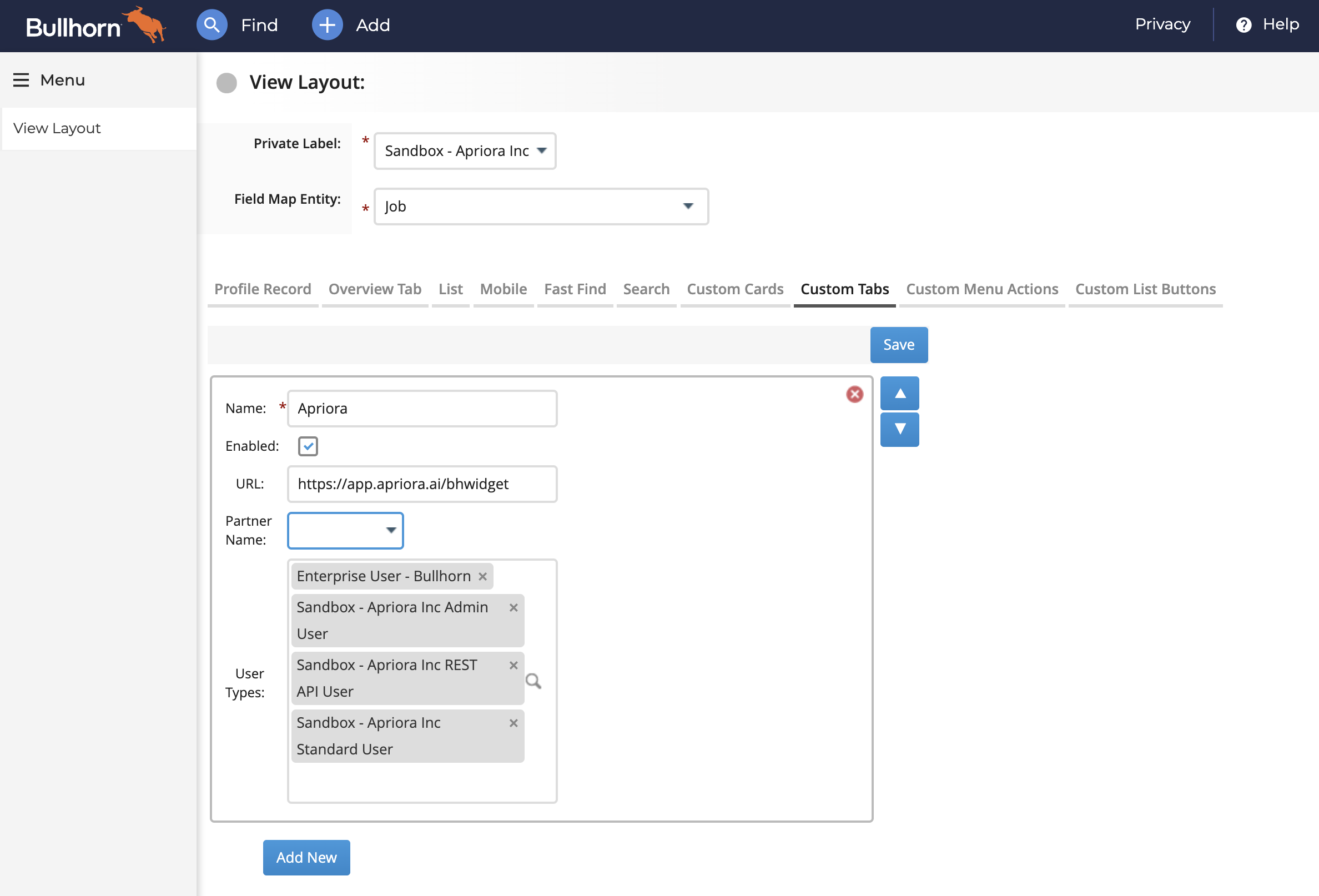 Bullhorn Job Entity Custom Tabs Settings