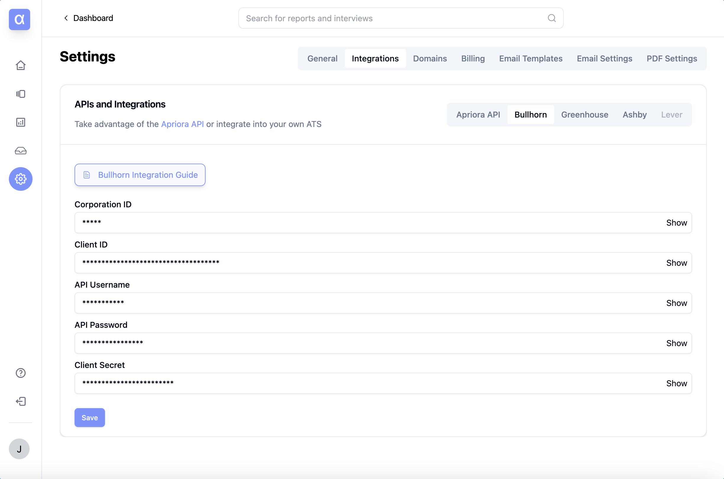 Alex Dashboard - Bullhorn Integration Settings