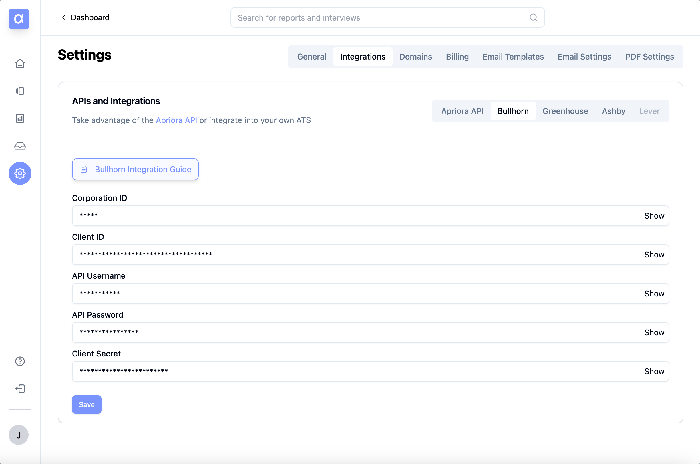 Alex Dashboard - Bullhorn Integration Settings