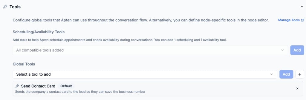 Send Contact Card selected under Global Tools