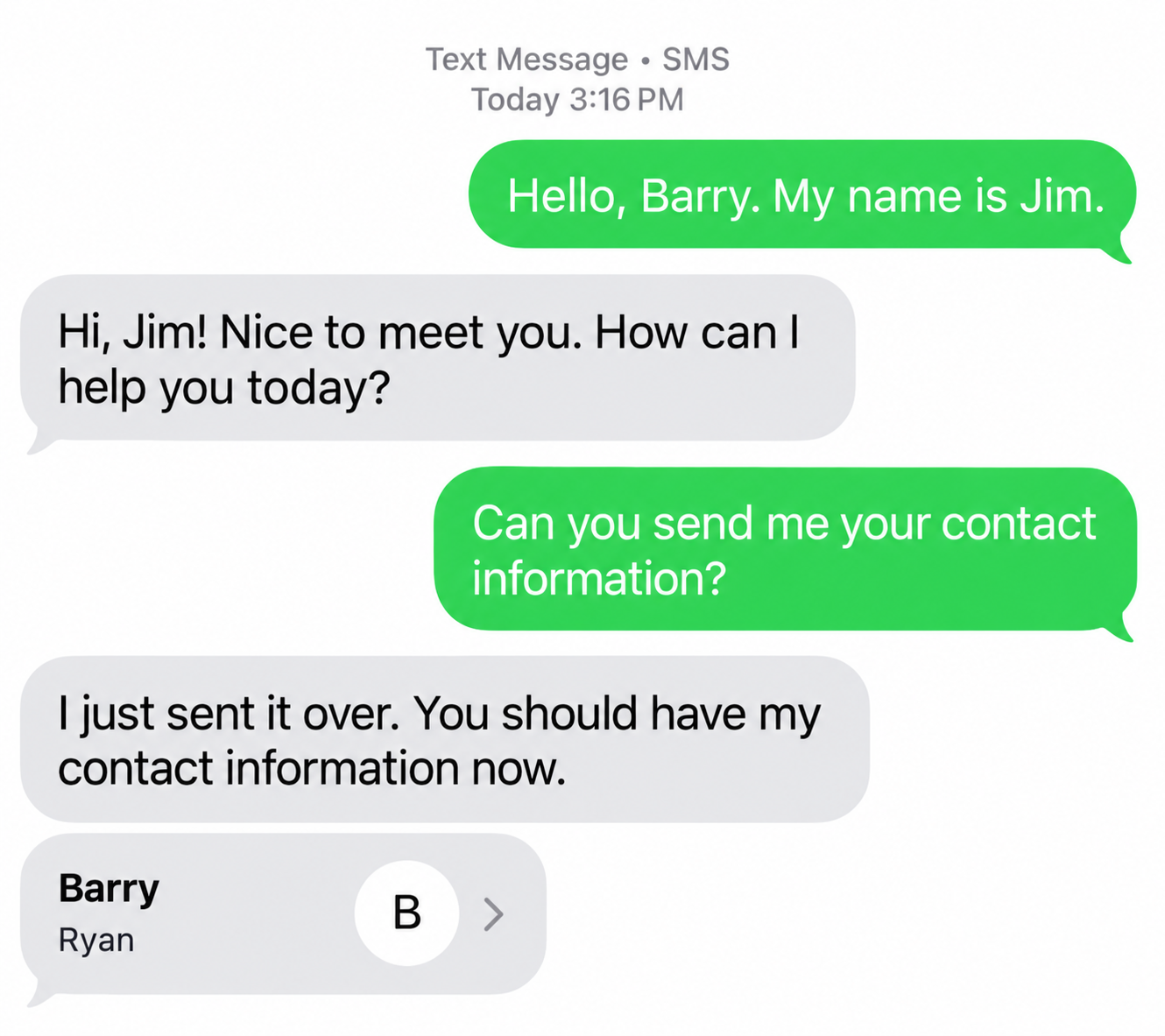 Contact card attachment received on a phone