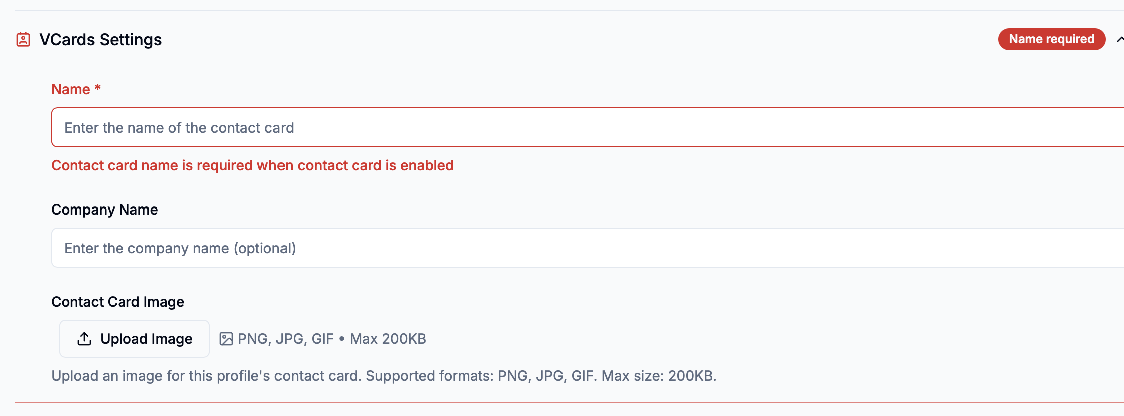 Required name validation in VCards Settings