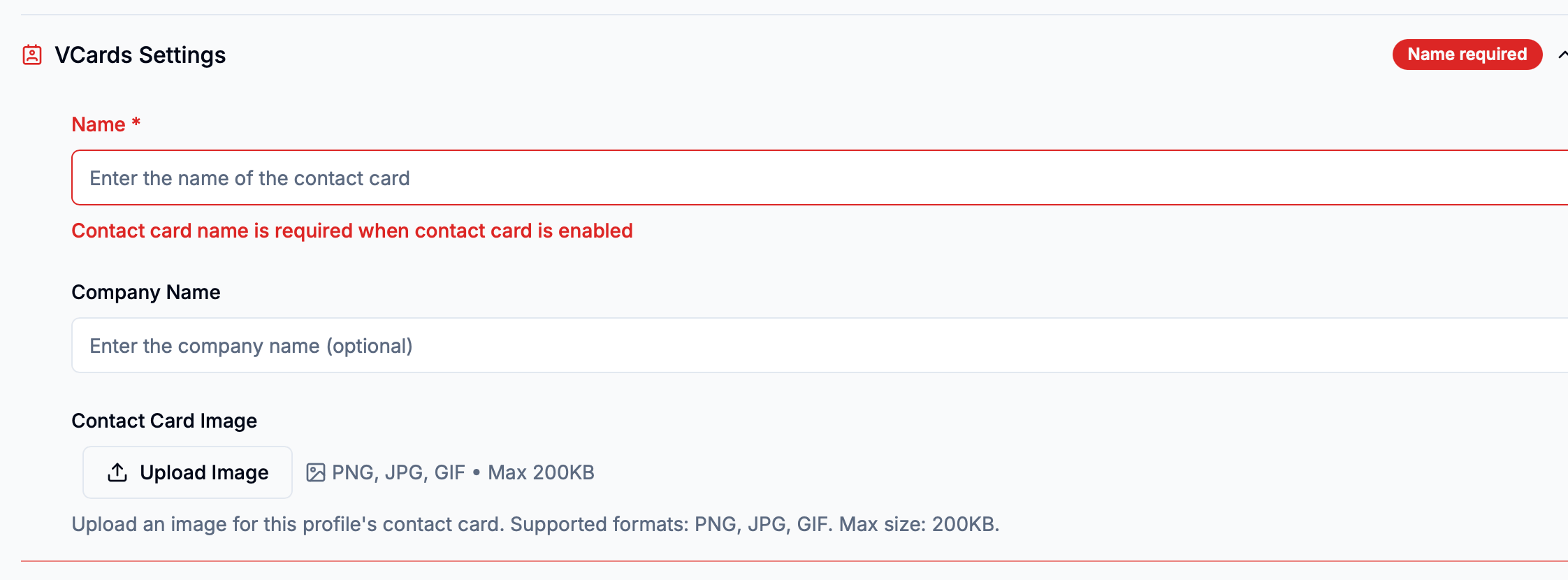 Required name validation in VCards Settings