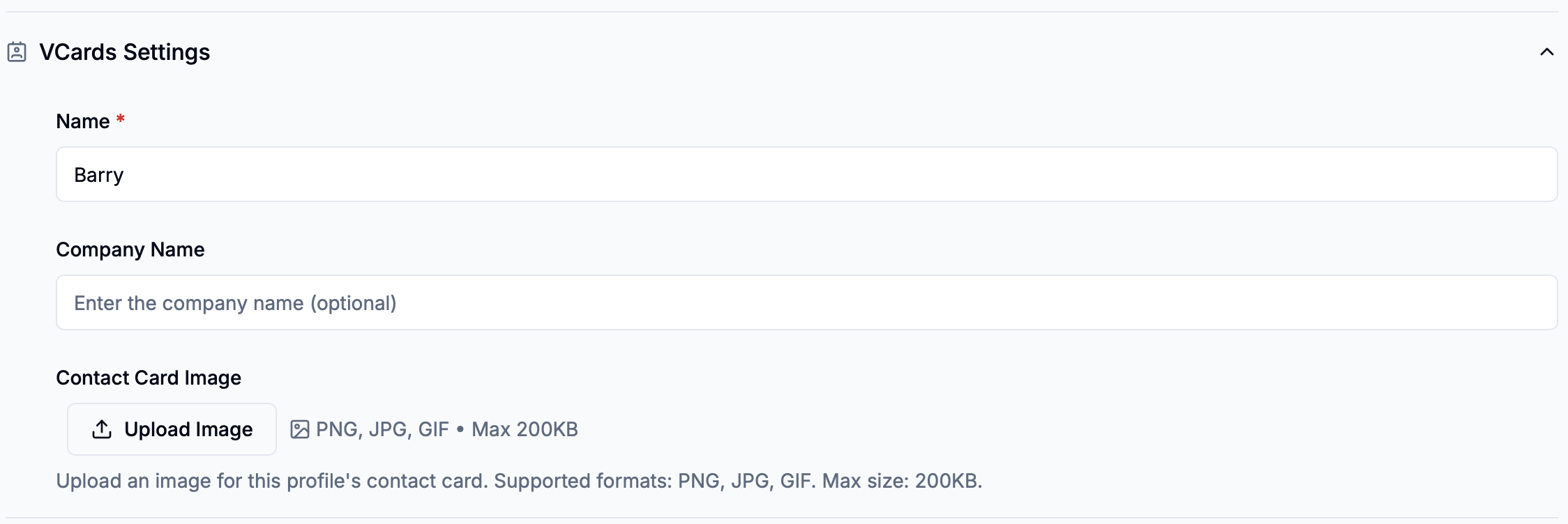 VCards Settings with name, company name, and image fields