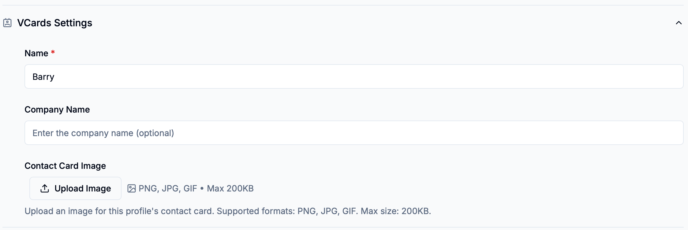 VCards Settings with name, company name, and image fields