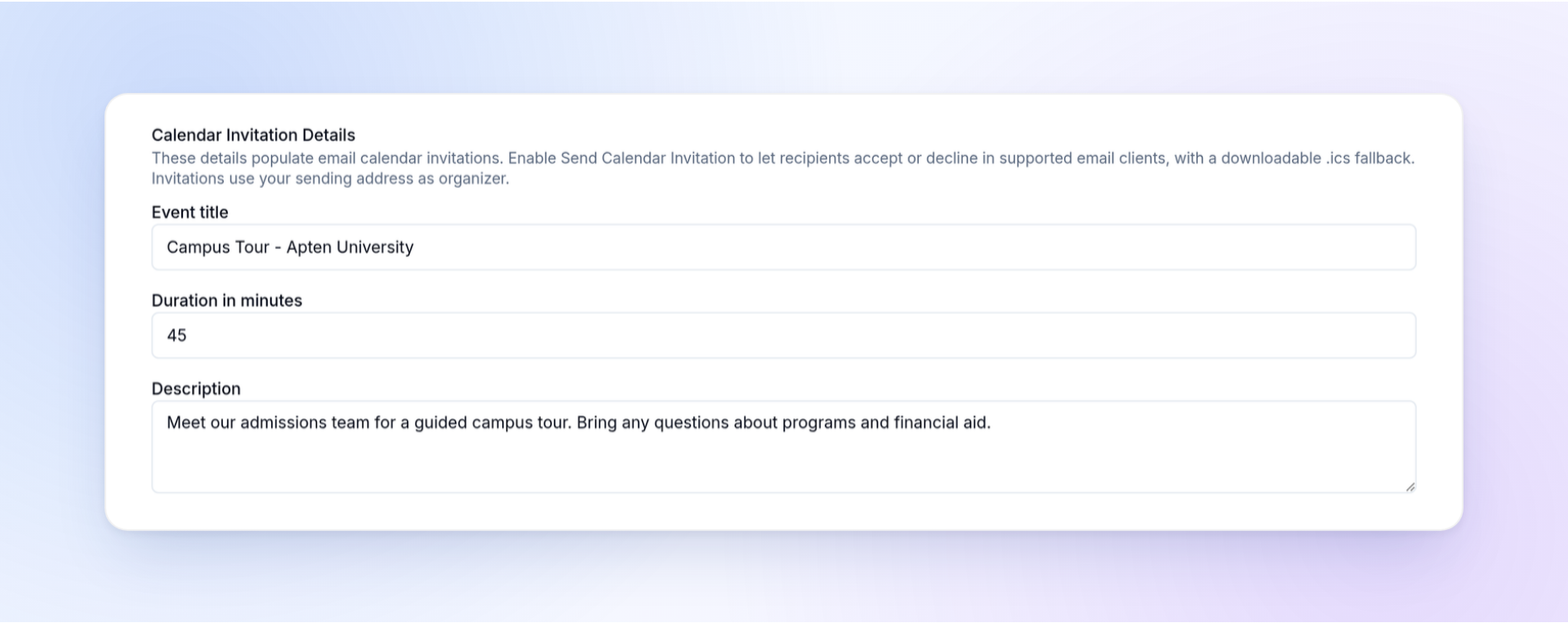 Calendar Invitation Details in the profile Email section