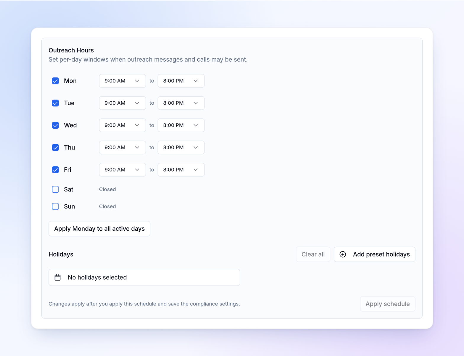 Outreach hours editor for a customized profile