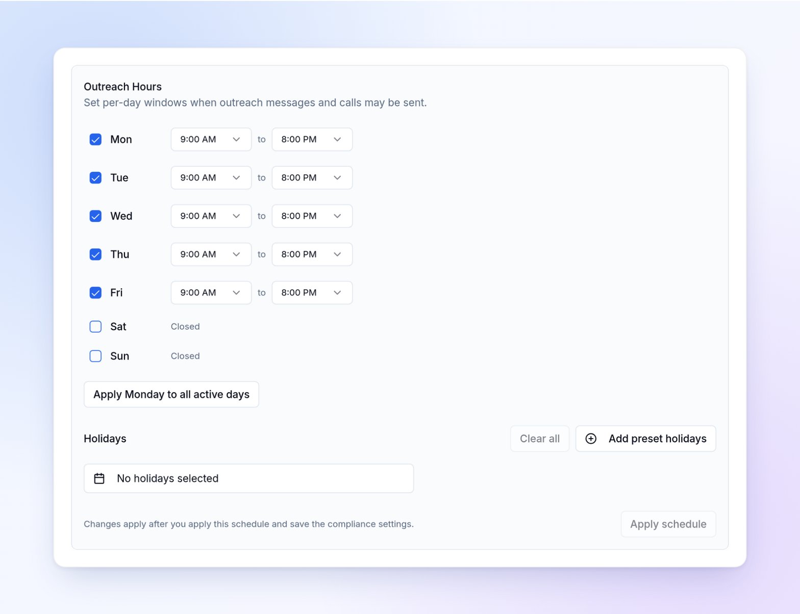 Outreach hours editor for a customized profile