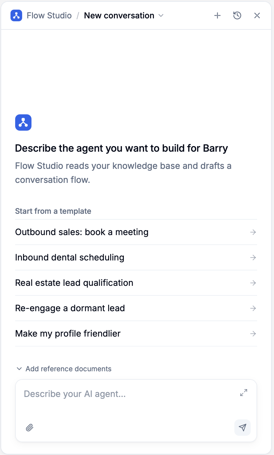 Flow Studio header with the conversation menu, new conversation, history, and close controls