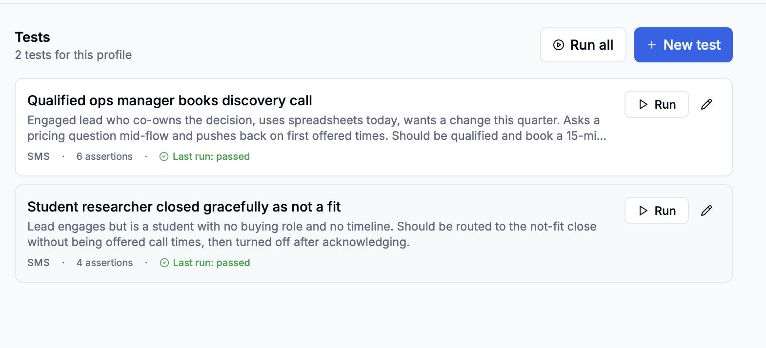 Run all and New test controls in the Tests tab