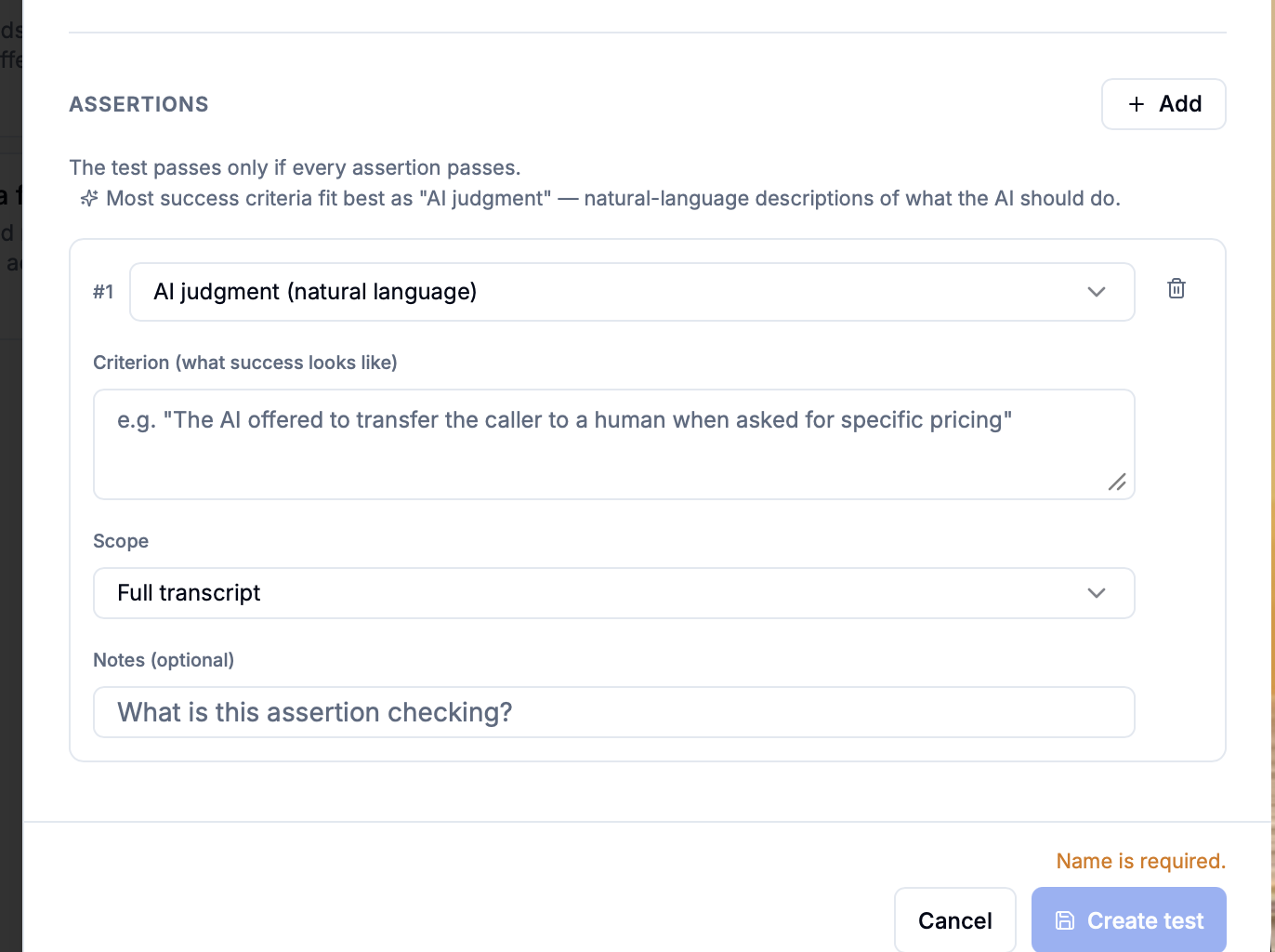 AI judgment assertion with fields for the success criterion, transcript scope, and optional notes