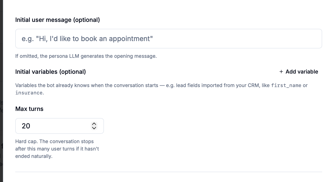Test editor fields for the initial user message, initial variables, and maximum conversation turns