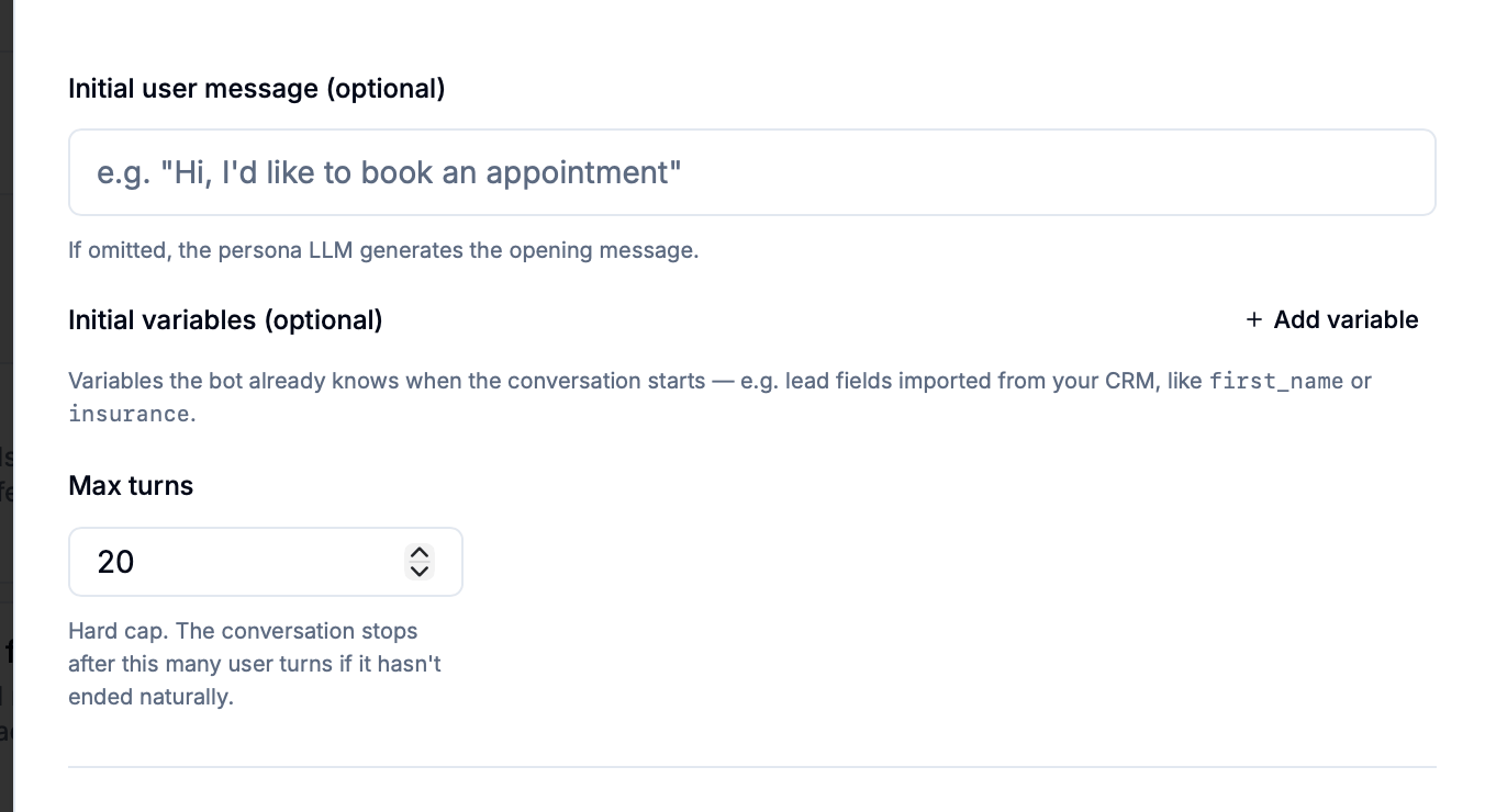 Test editor fields for the initial user message, initial variables, and maximum conversation turns