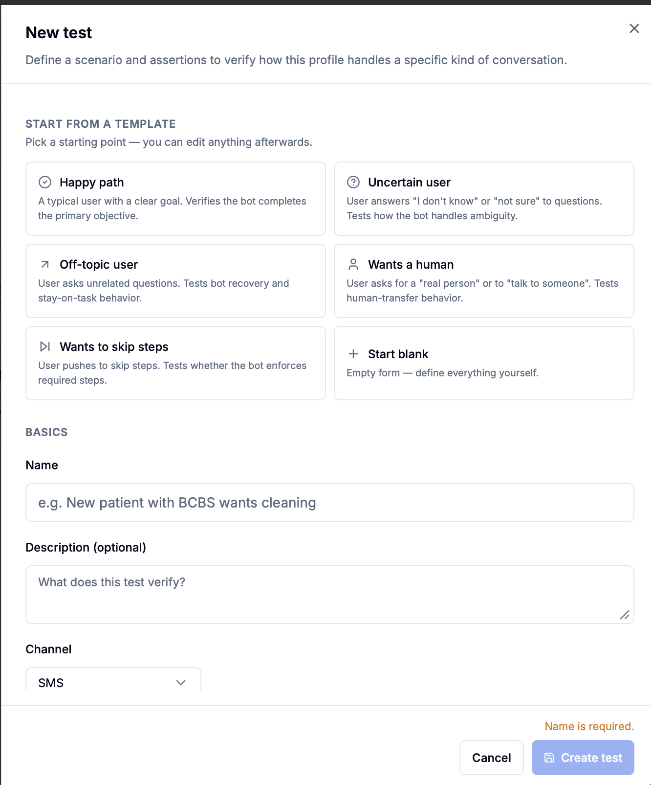 Test templates for happy paths, uncertain users, off-topic users, human requests, skipped steps, and starting blank