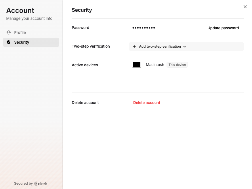 Security Settings Page