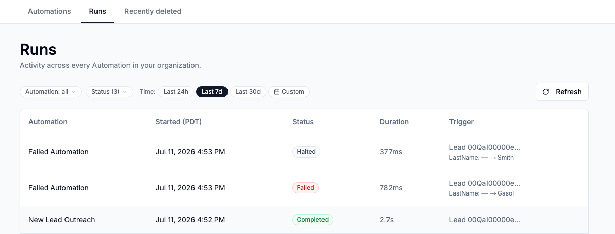 Runs page