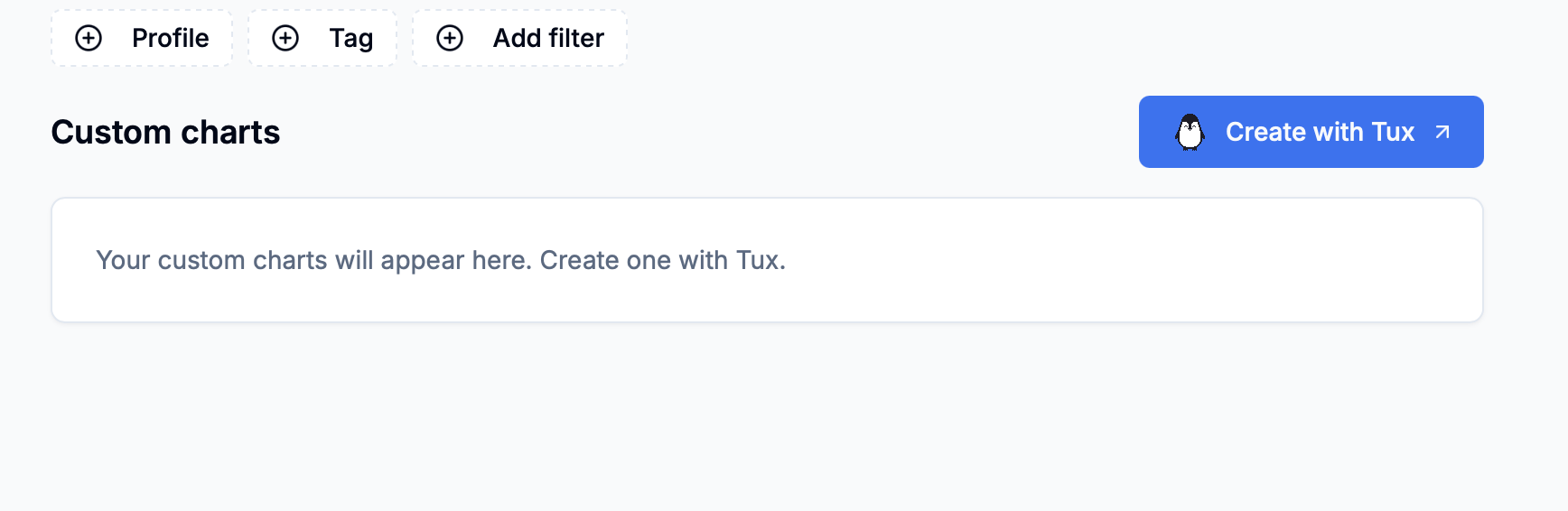 Custom charts section with the Create with Tux button