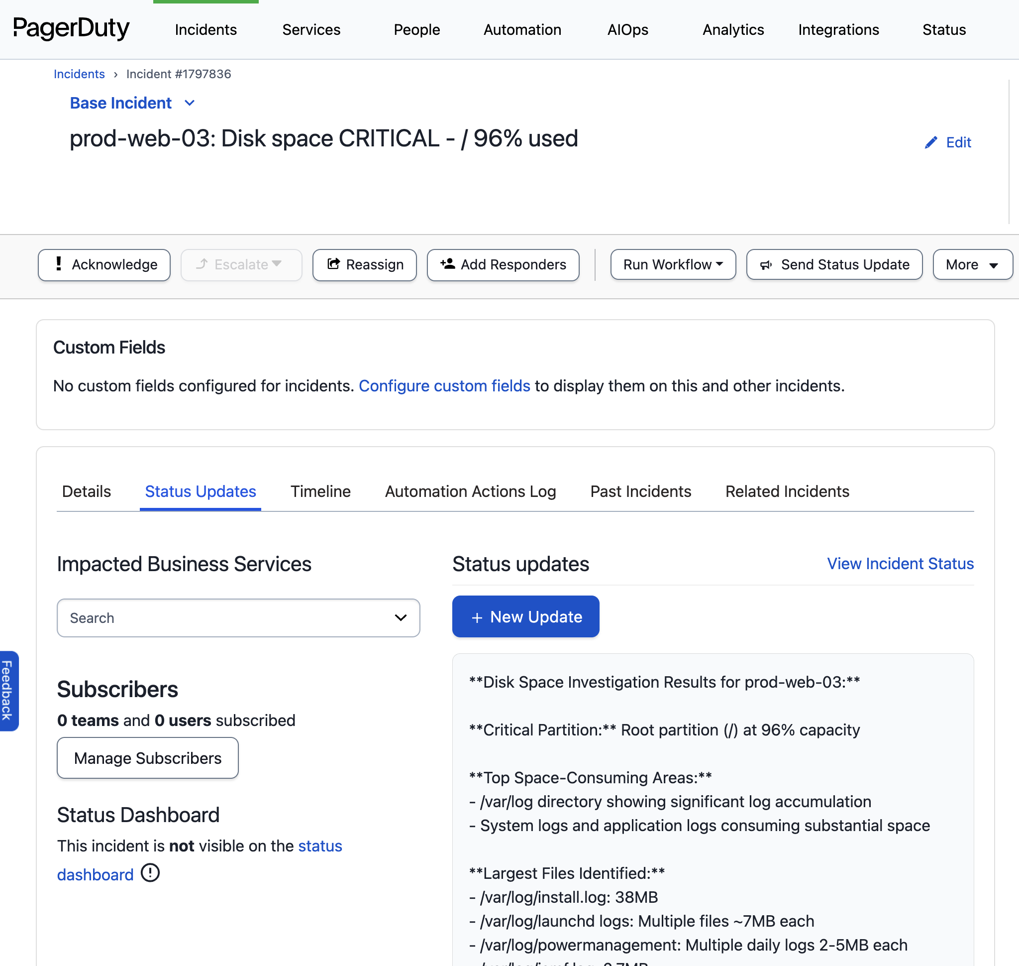 PagerDuty Disk Space Alert Status Update