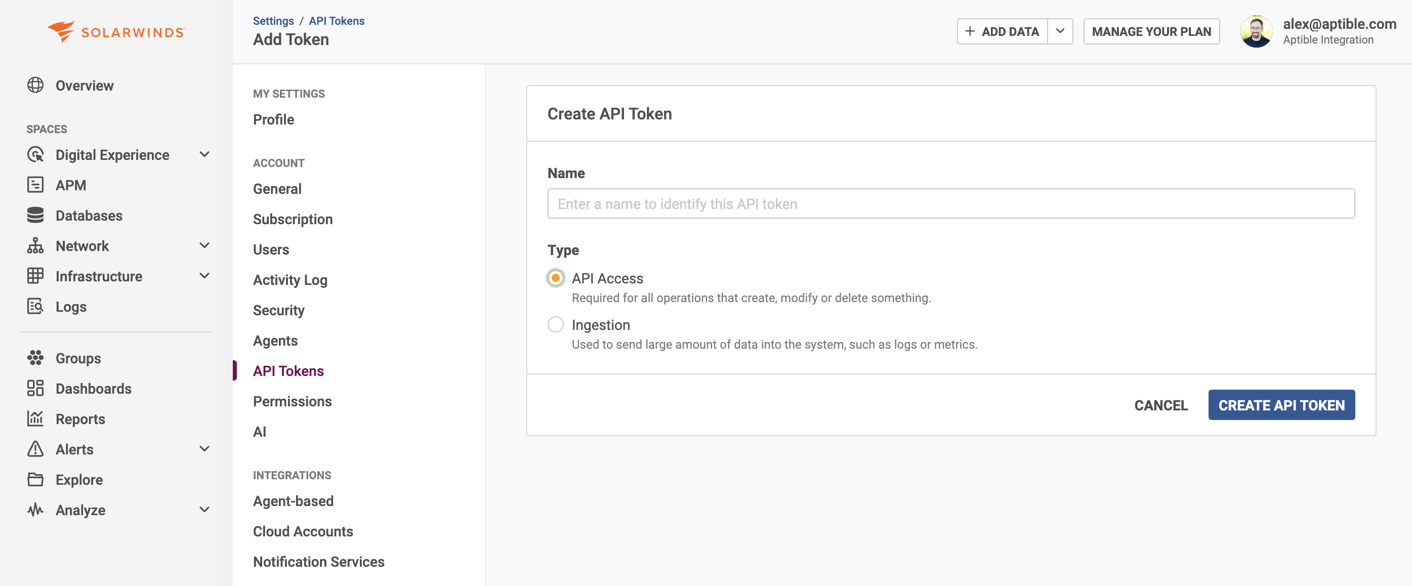 SolarWinds API Token