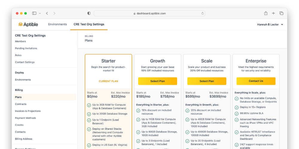 Viewing your Plan in the Aptible Dashboard