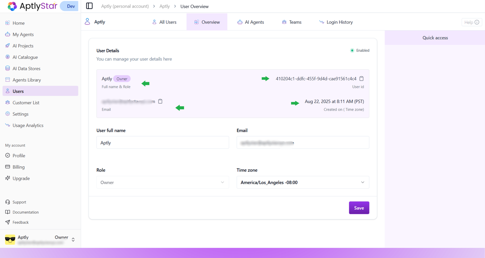 User Console overview page