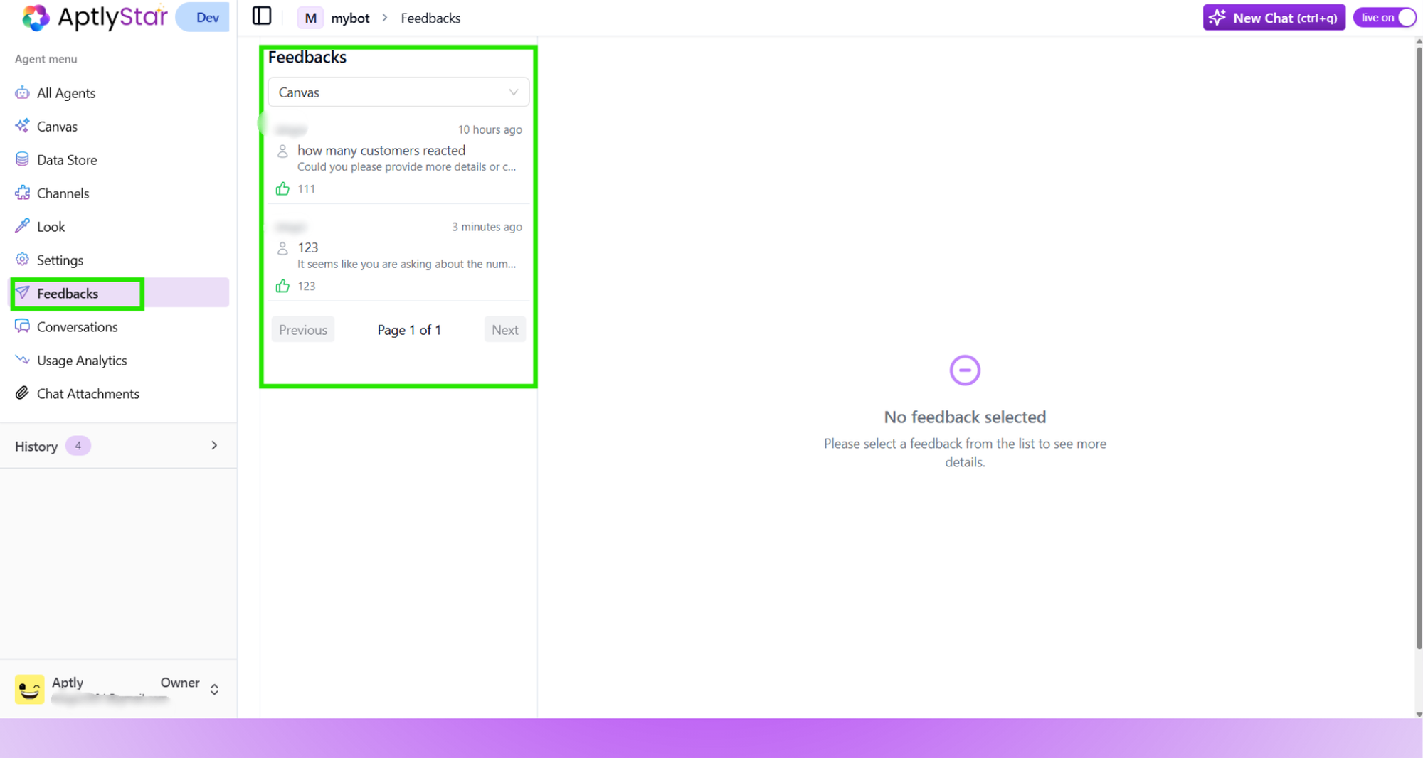 Feedback panel with entries