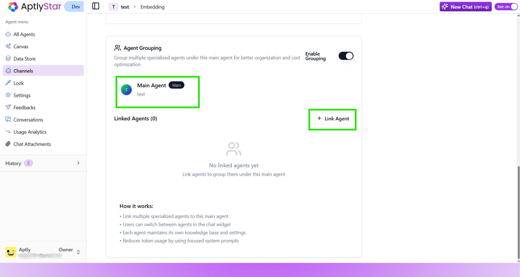 Enable Grouping: Toggle to activate agent grouping mode