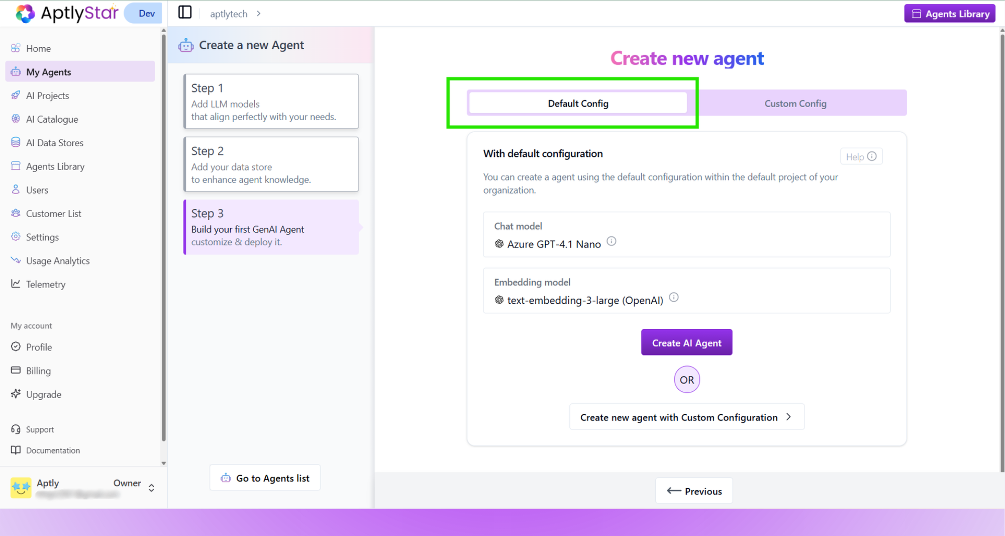 Default Config Agent Creation