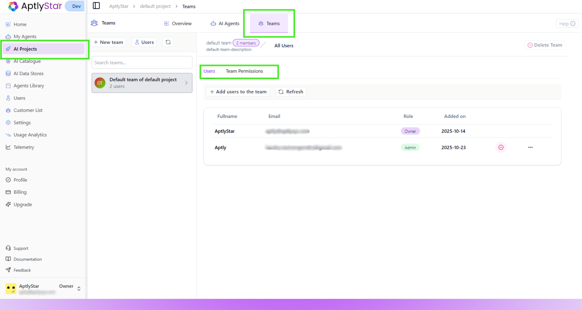 Teams overview screen