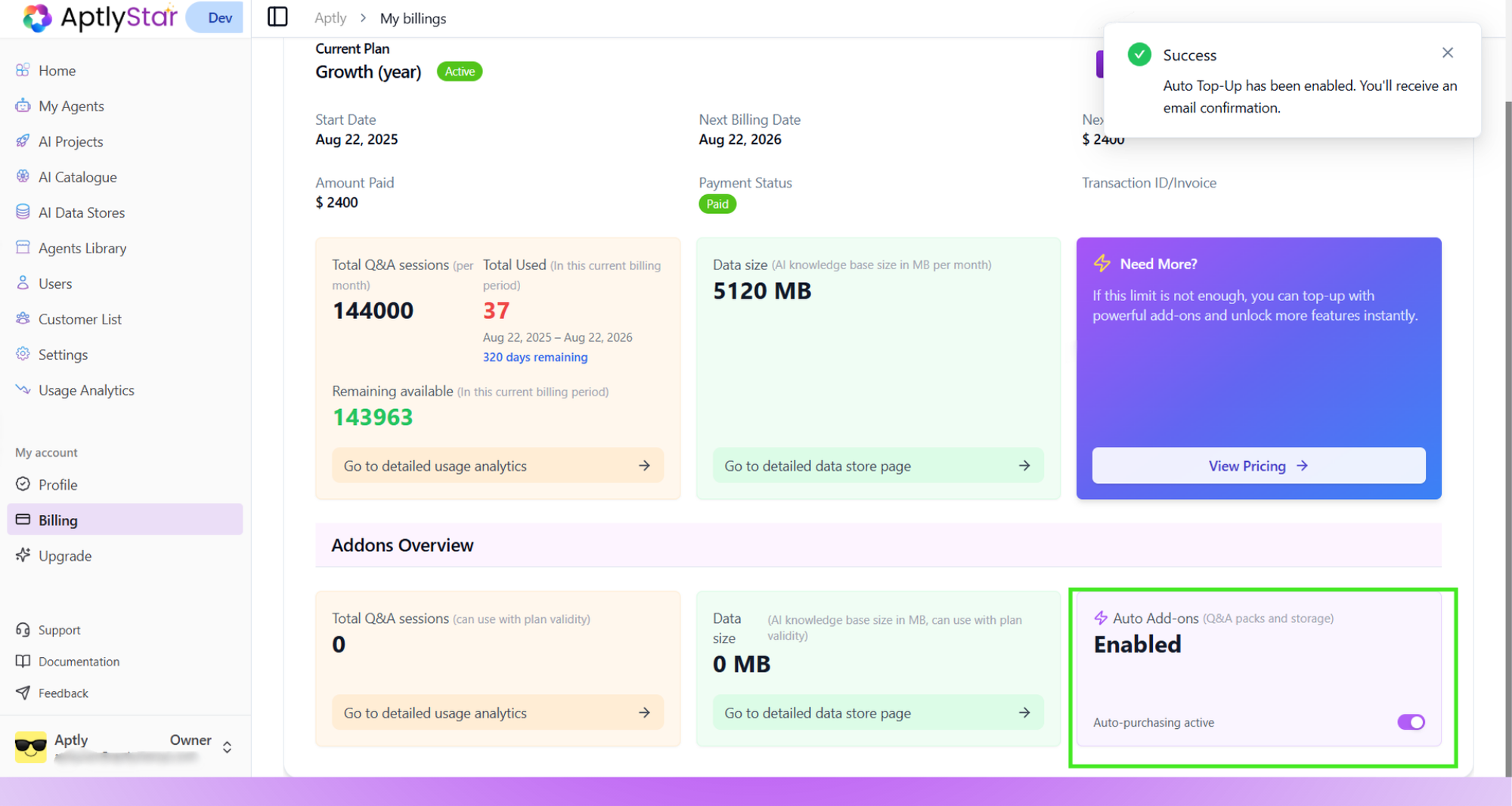 Billing: Auto Add-ons view