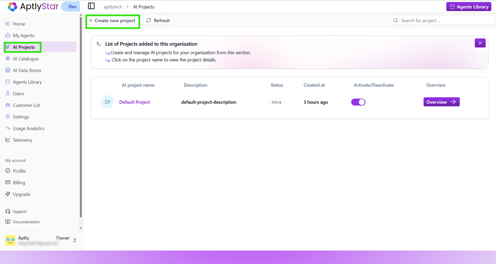 Create New Project Button