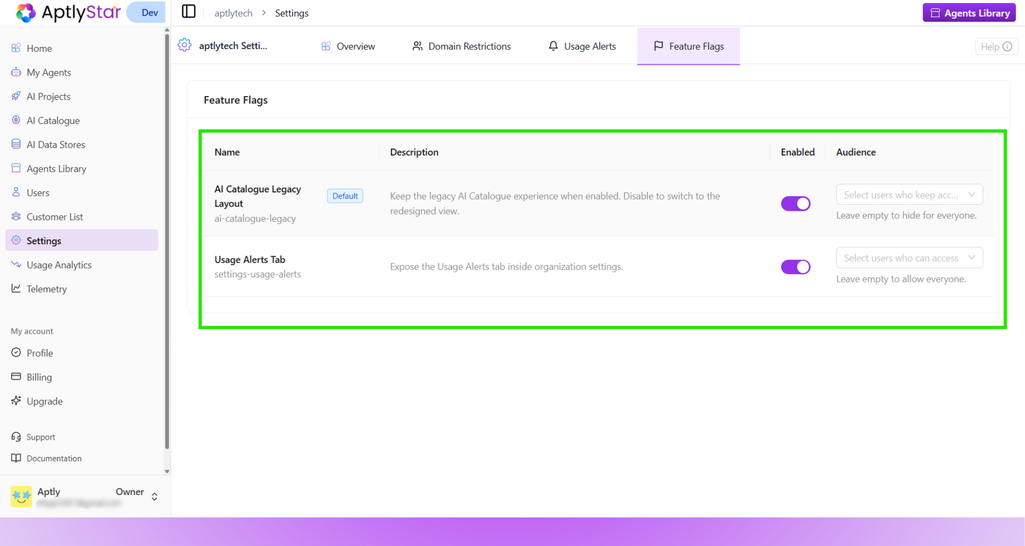 Feature flags management view