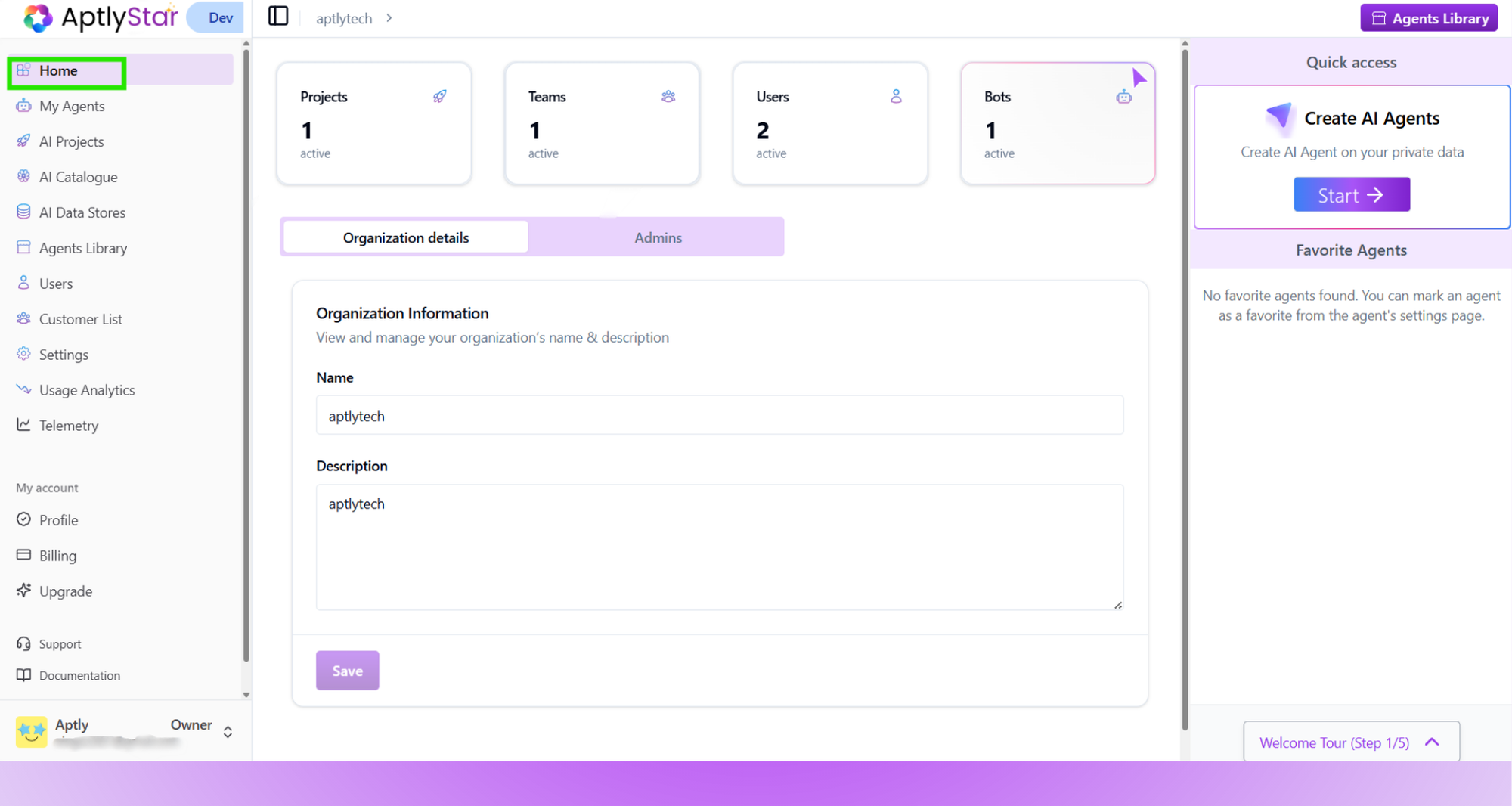 Organization Home Dashboard